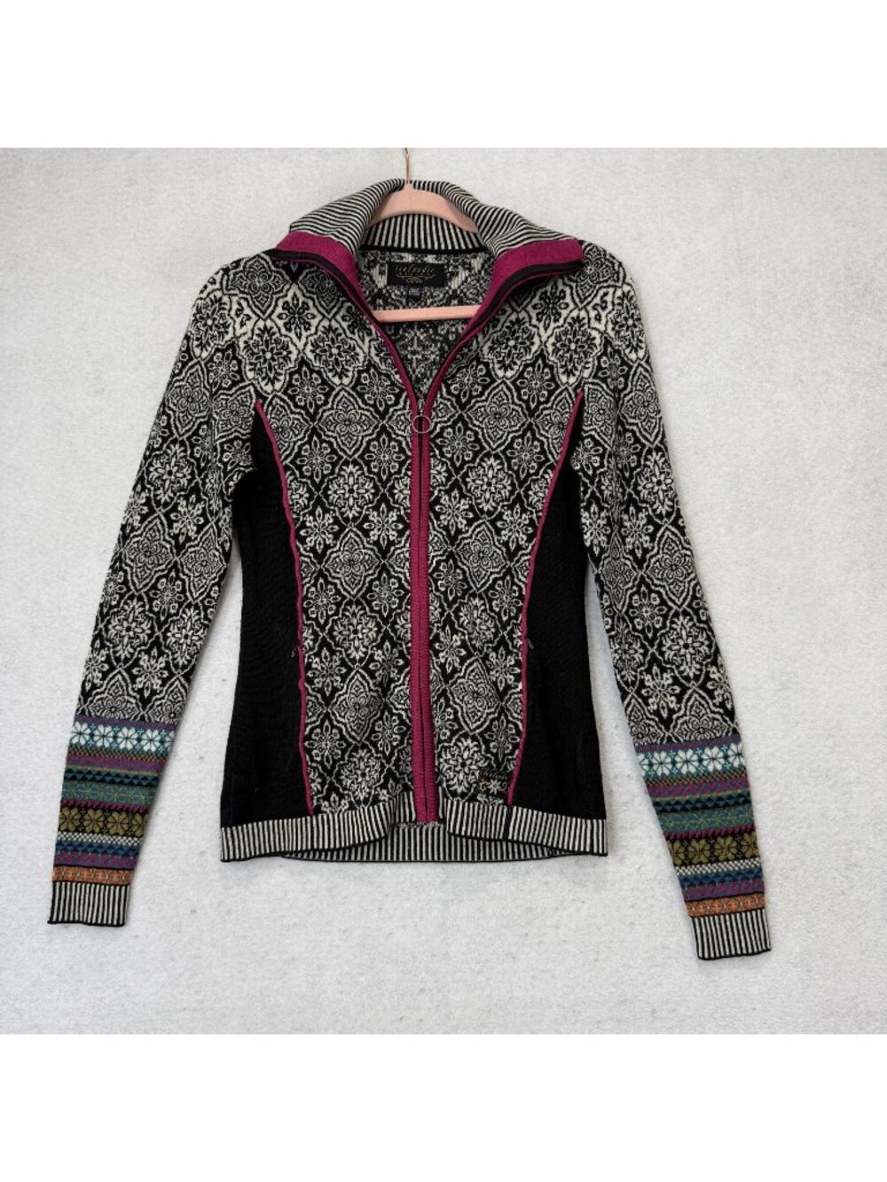Icelandic Design Sweater Womens Small Black Fair Isle Full Zip Ski Knit